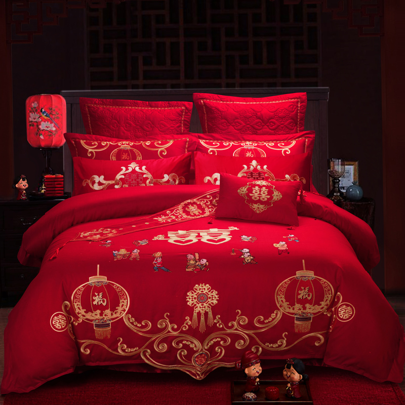 慕她婚庆 婚庆四件套大红色刺绣结婚全棉纯棉多件套  送福百子 标准（1.5m-1.8m床） 十一件套床单换床盖款