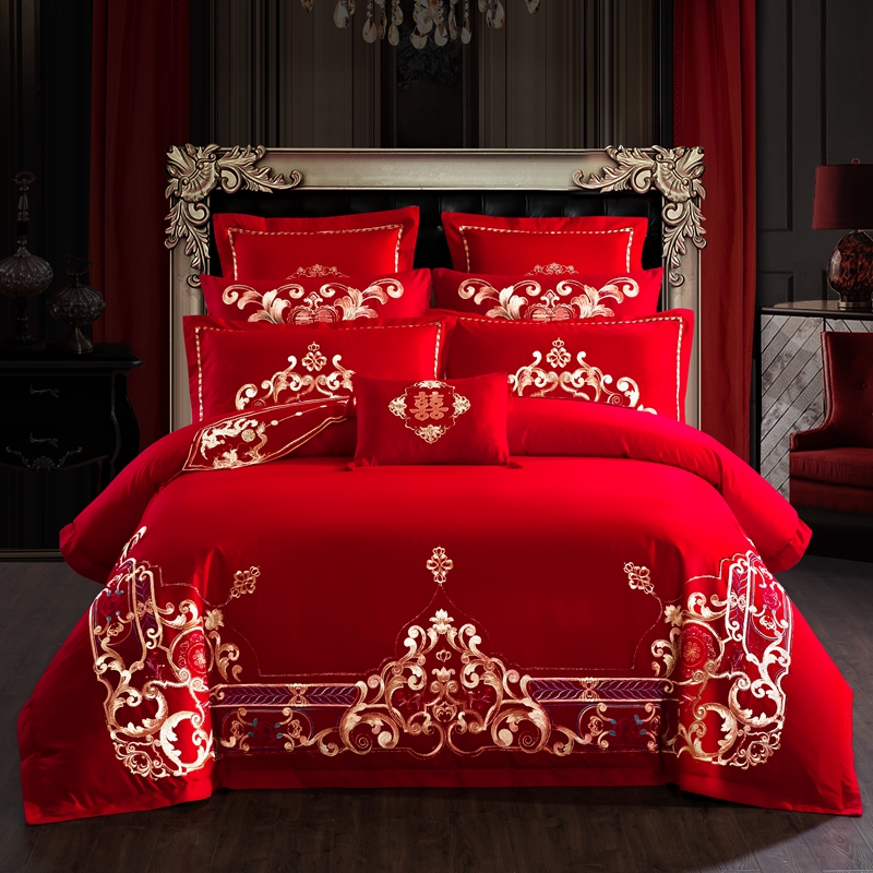 慕她婚庆四件套大红色刺绣花全棉纯棉结婚六八十多件套皇室婚嫁 1.8m（6英尺）床 十件套