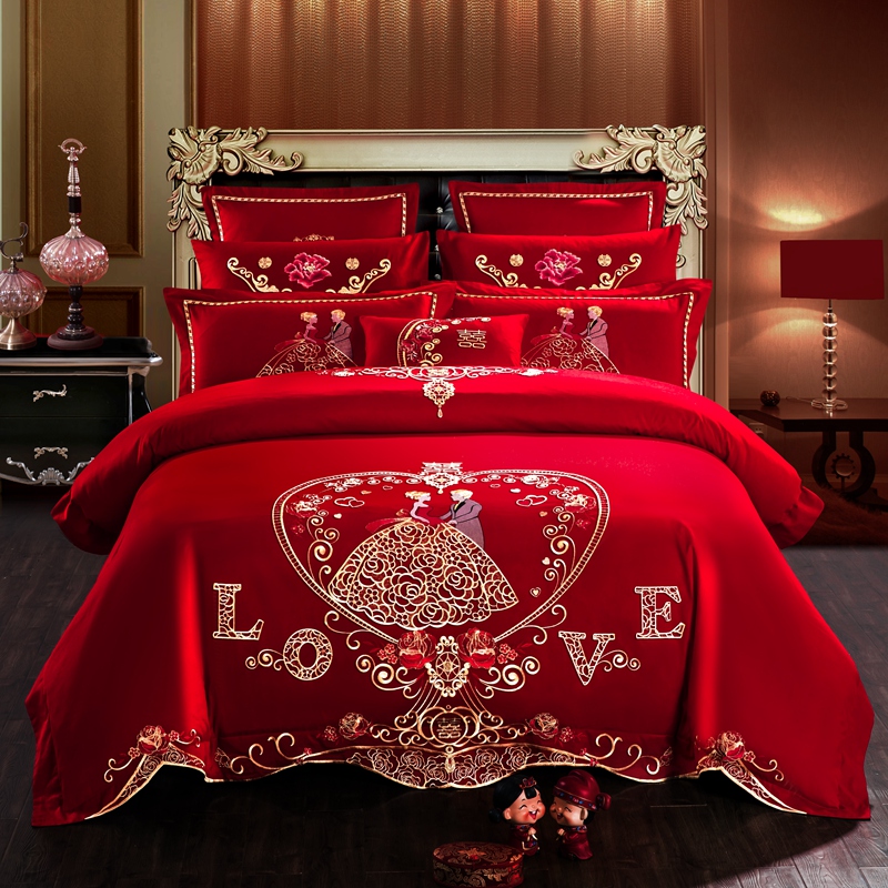 慕她婚庆四件套大红色刺绣花全棉纯棉结婚六八十多件套浪漫婚礼 1.8m（6英尺）床 六件套