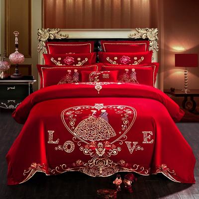 慕她婚庆四件套大红色刺绣花全棉纯棉结婚六八十多件套浪漫婚礼 1.8m（6英尺）床 四件套
