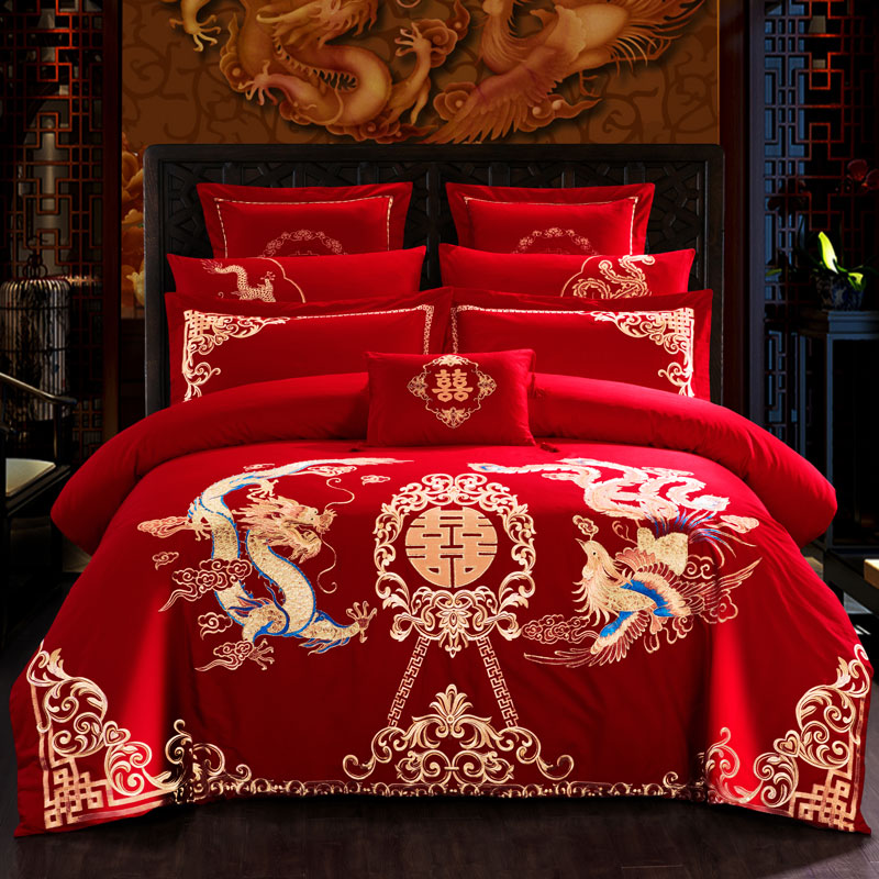 婚庆四件套大红色刺绣花床单被套结婚六八十多件套-龙凤古韵 1.8m（6英尺）床 四件套