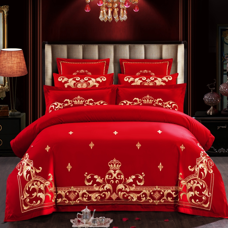 婚庆四件套大红色刺绣花床单被套结婚六八十多件套-皇家婚礼 1.5m（5英尺）床 六件套（床单款）