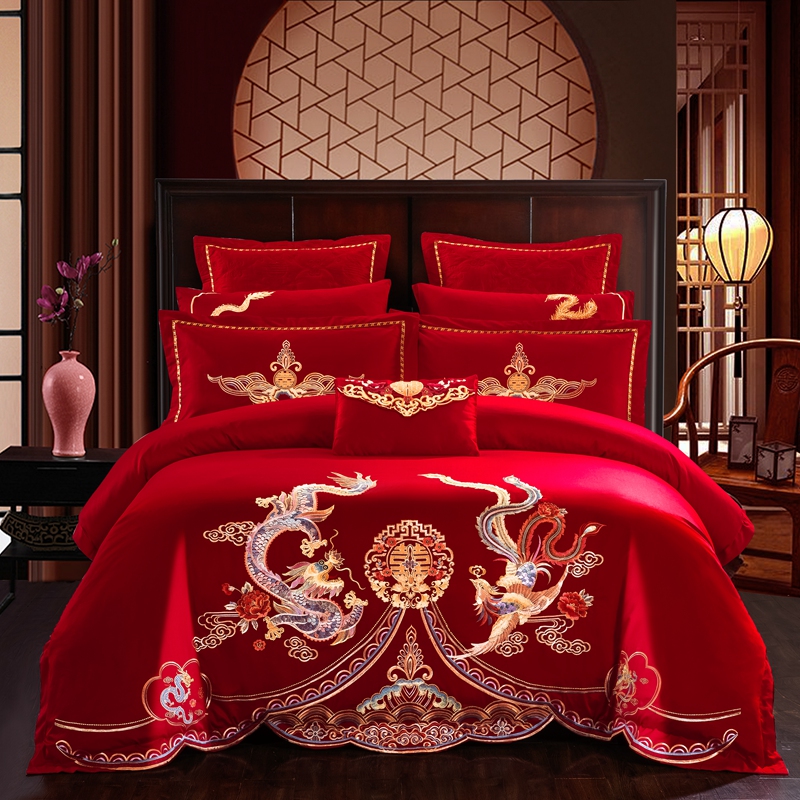 婚庆四件套大红色刺绣花床单被套结婚六八十多件套-龙凤成双 1.5m（5英尺）床 四件套（床单款）