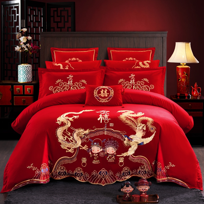 婚庆四件套大红色刺绣花床单被套结婚六八十多件套-龙凤贺喜 1.5m（5英尺）床 六件套（床单款）