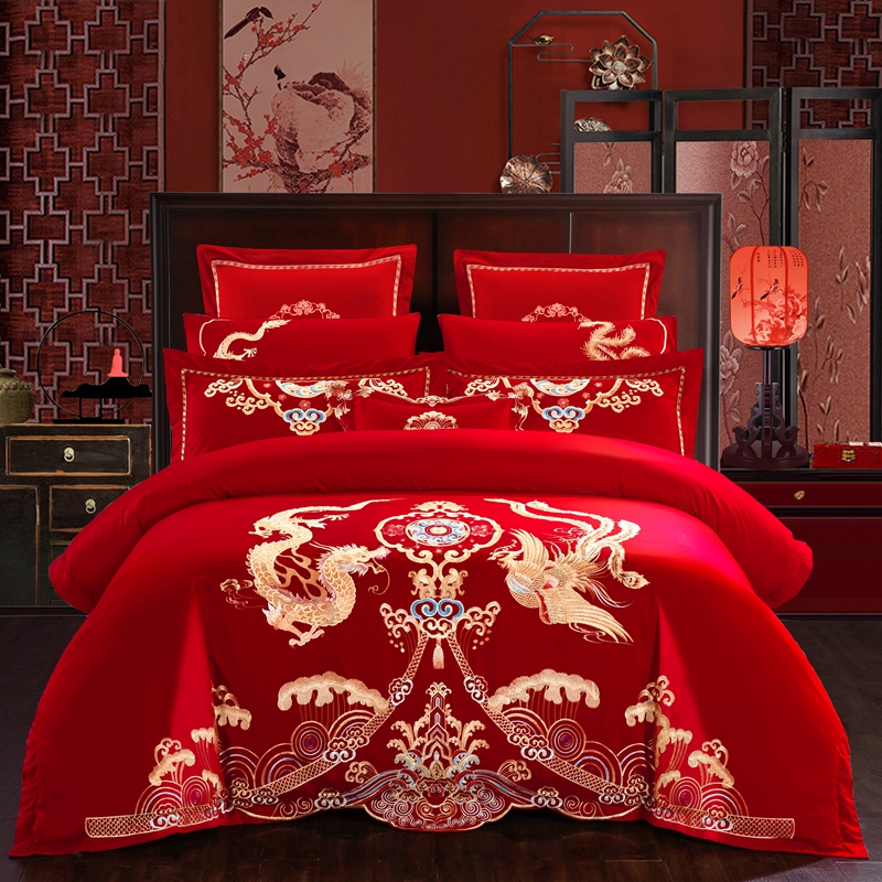 婚庆四件套大红色刺绣花床单被套结婚六八十多件套-龙凤齐眉 1.8m（6英尺）床 四件套（床单款）