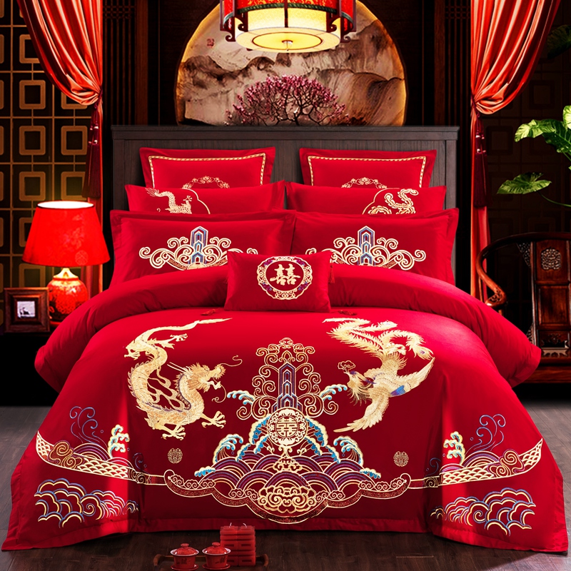 婚庆四件套大红色刺绣花床单被套结婚六八十多件套-龙腾凤舞 1.8m（6英尺）床 四件套（床单款）