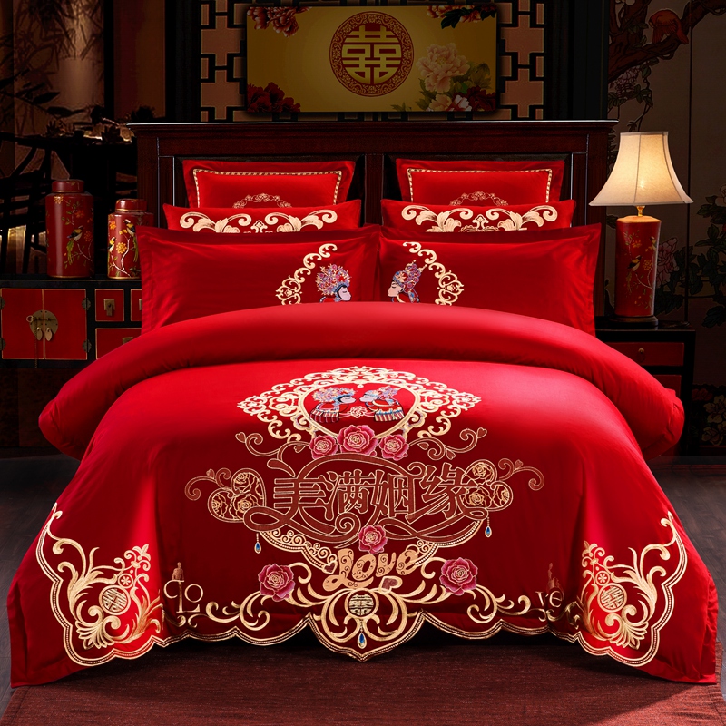 婚庆四件套大红色刺绣花床单被套结婚六八十多件套-美满姻缘 1.8m（6英尺）床 四件套（床单款）