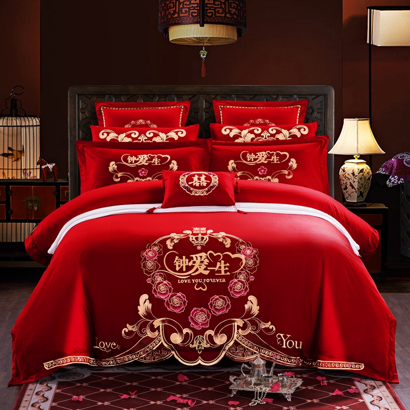 婚庆四件套大红色刺绣花床单被套结婚六八十多件套-情定一生 1.8m（6英尺）床 六件套（床单款）
