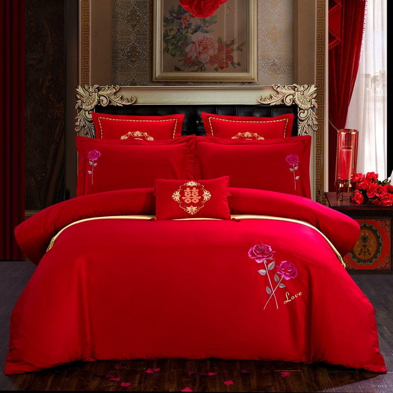 简约婚庆四件套大红色刺绣全棉纯棉六多件套-爱情玫瑰 1.5m（5英尺）床 四件套