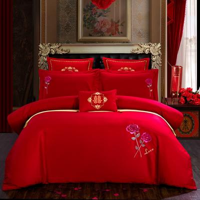 简约婚庆四件套大红色刺绣全棉纯棉六多件套-爱情玫瑰 1.8m（6英尺）床 六件套