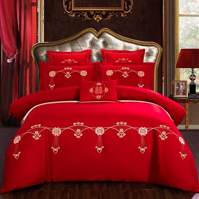 简约婚庆四件套大红色刺绣全棉纯棉六多件套-浪漫景色 1.5m（5英尺）床 七件套