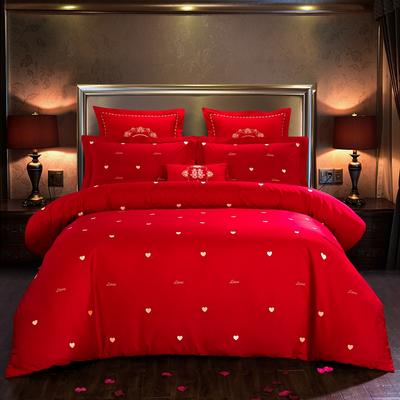 简约婚庆四件套大红色刺绣全棉纯棉六多件套-形影不离 1.5m（5英尺）床 四件套