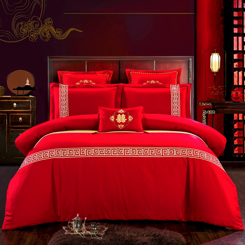 简约婚庆四件套大红色刺绣全棉纯棉六多件套-真爱永恒 1.8m（6英尺）床 六件套