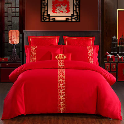 简约婚庆四件套大红色刺绣全棉纯棉六多件套-情有独钟 1.5m（5英尺）床 四件套