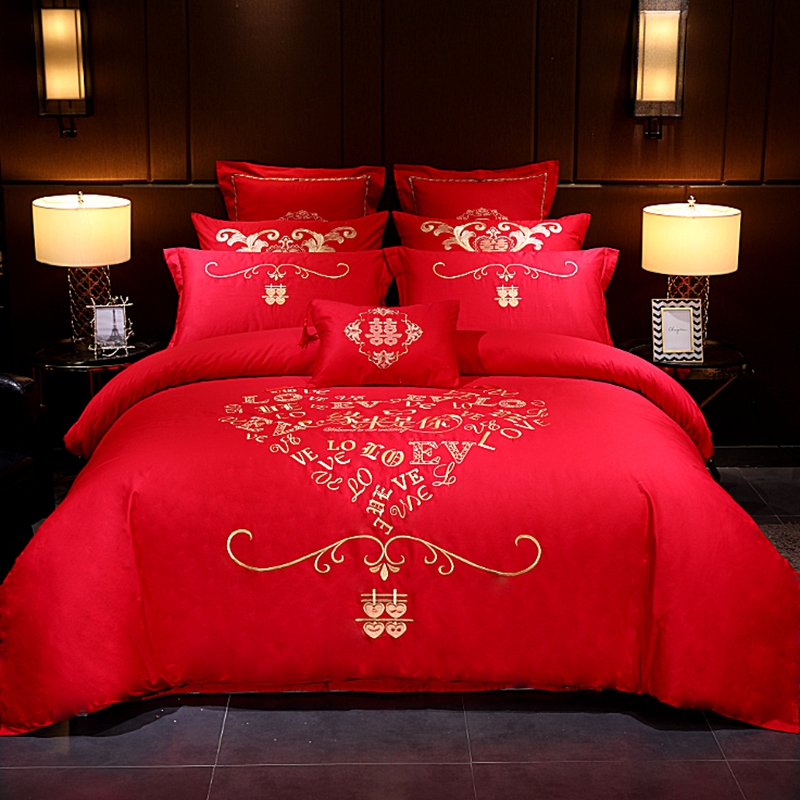 婚庆四件套大红色全棉纯棉刺绣结婚六八十多件套-缘来是你（现货款） 1.5m（5英尺）床 四件套（床单款）