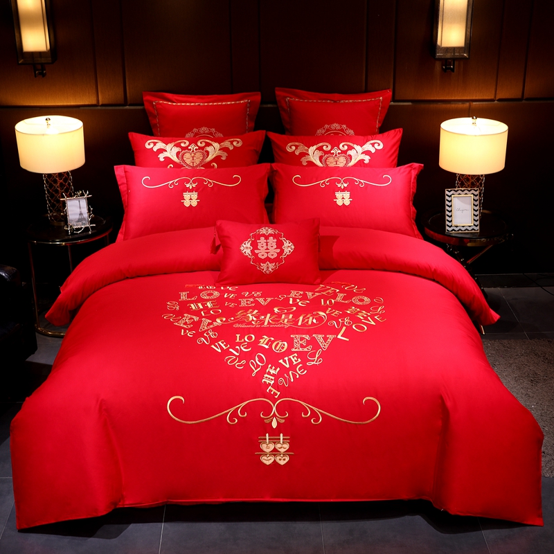婚庆四件套大红色全棉纯棉刺绣结婚六八十多件套-缘来是你（现货款） 1.5m（5英尺）床 十件套（床单款）