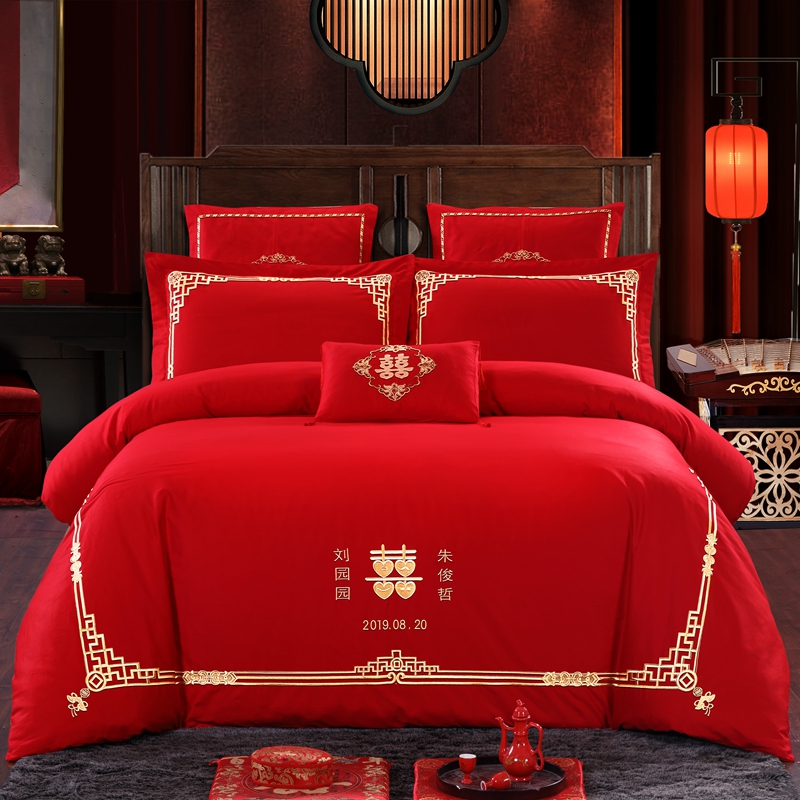 婚庆四件套大红色全棉纯棉刺绣结婚六八十多件套-最强喜事（定制款） 1.5m（5英尺）床 十件套（床盖款）