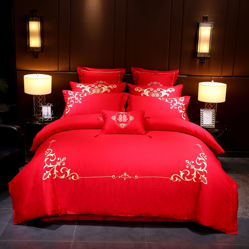 婚庆四件套大红色全棉纯棉刺绣结婚六八十多件套-欧典风情 1.5m（5英尺）床 六件套（床单款）
