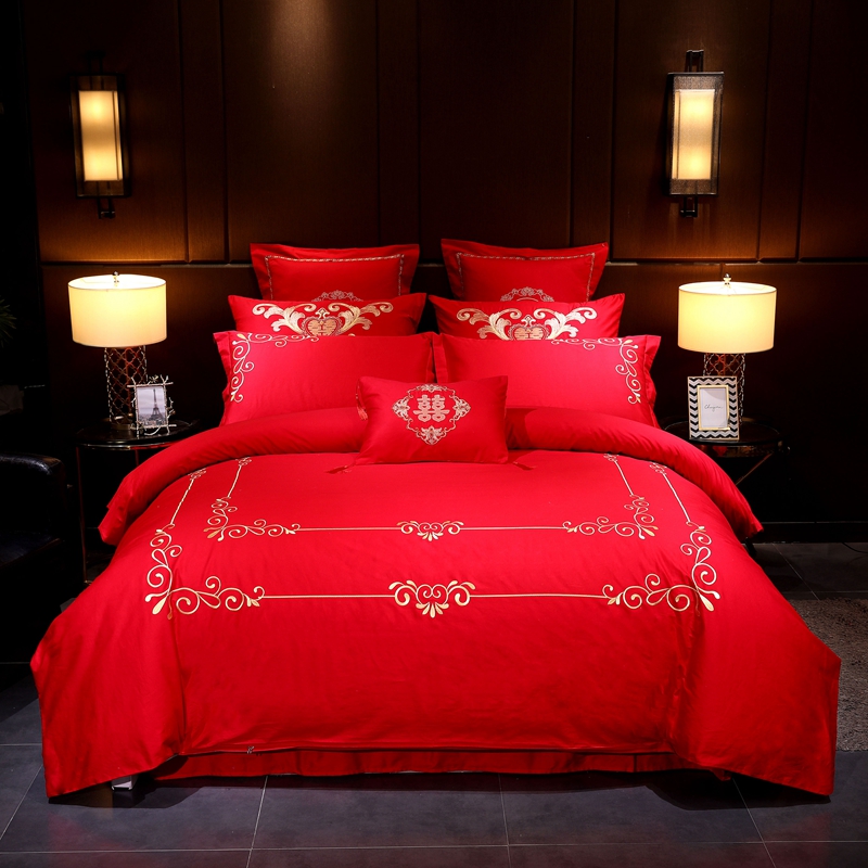 婚庆四件套大红色全棉纯棉刺绣结婚六八十多件套-世纪之恋 1.5m（5英尺）床 十件套（床单款）