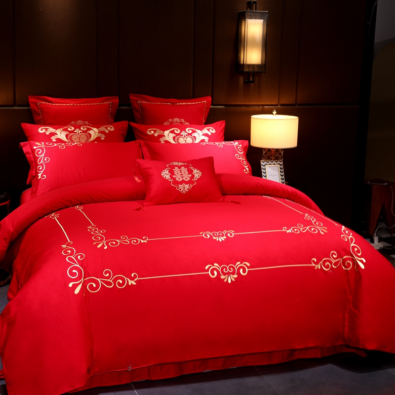 婚庆四件套大红色全棉纯棉刺绣结婚六八十多件套-世纪之恋 1.5m（5英尺）床 十件套（床笠款）