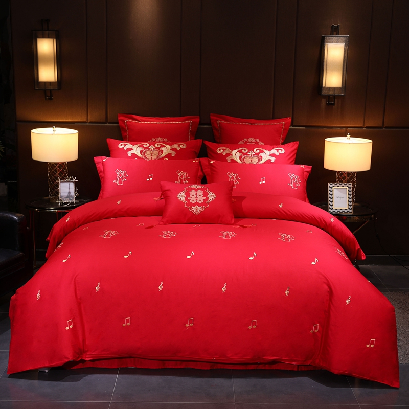 婚庆四件套大红色全棉纯棉刺绣结婚六八十多件套-为爱歌唱 1.8m（6英尺）床 十件套（床单款）