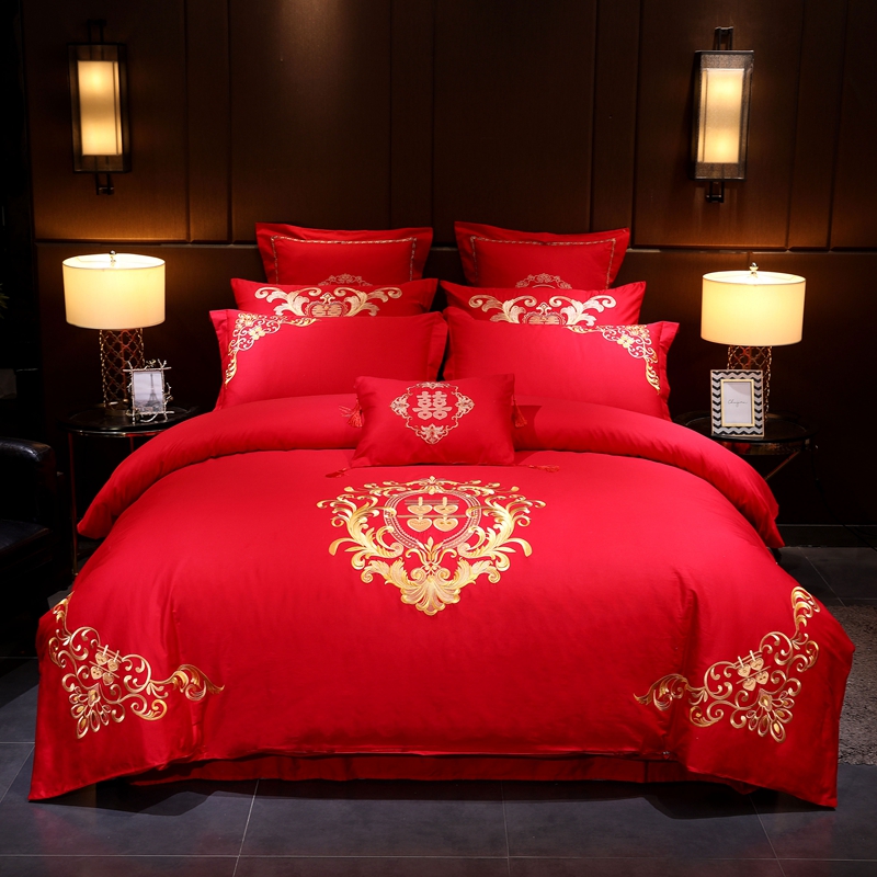 婚庆四件套大红色全棉纯棉刺绣结婚六八十多件套-幸福有约 1.8m（6英尺）床 十件套（床单款）