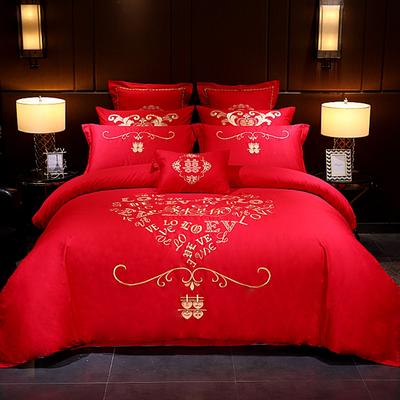 婚庆四件套大红色全棉纯棉刺绣结婚六八十多件套-缘来是你 1.8m（6英尺）床 四件套（床单款）