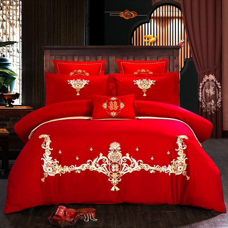 新款简约专版婚庆四件套大红色结婚全棉纯棉刺绣花多件套—金光灿烂 1.8m（6英尺）床 十件套（床单款）