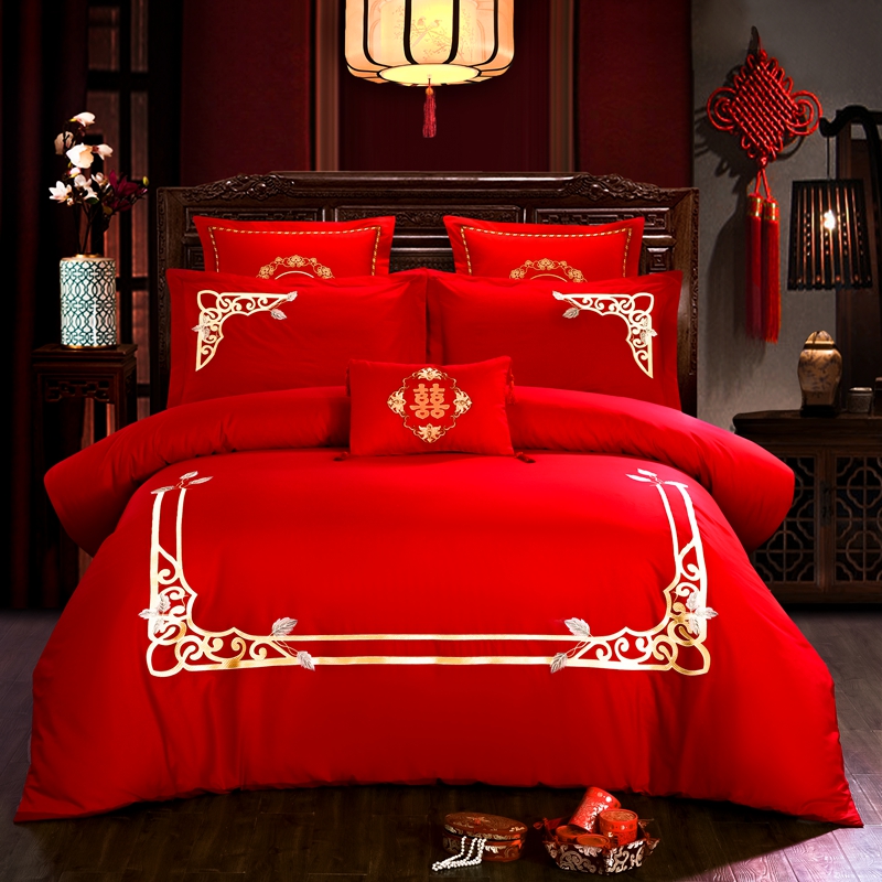 新款简约专版婚庆四件套大红色结婚全棉纯棉刺绣花多件套—魅力青春 1.8m（6英尺）床 十件套（床单款）