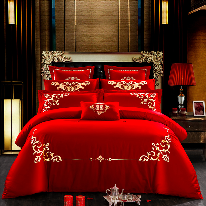 新款简约专版婚庆四件套大红色结婚全棉纯棉刺绣花多件套—欧典风情 1.5m（5英尺）床 四件套（床单款）
