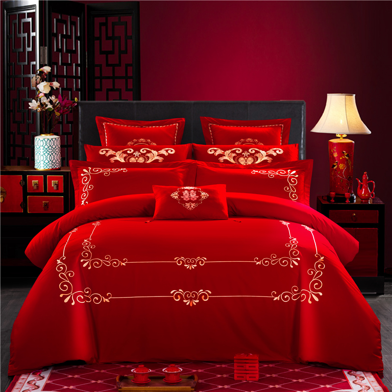 新款简约专版婚庆四件套大红色结婚全棉纯棉刺绣花多件套—世纪之恋 1.8m（6英尺）床 六件套（床单款）