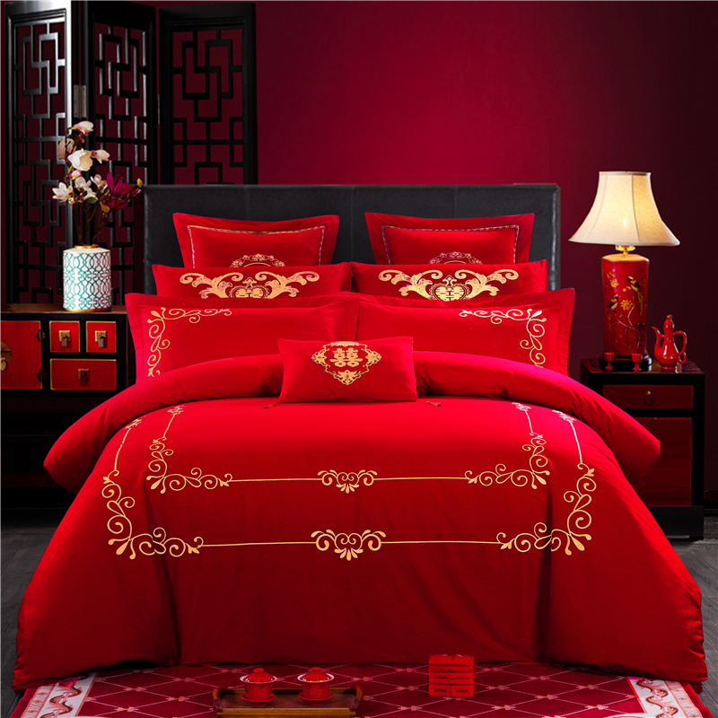 新款简约专版婚庆四件套大红色结婚全棉纯棉刺绣花多件套—世纪之恋 1.8m（6英尺）床 十件套（床盖款）