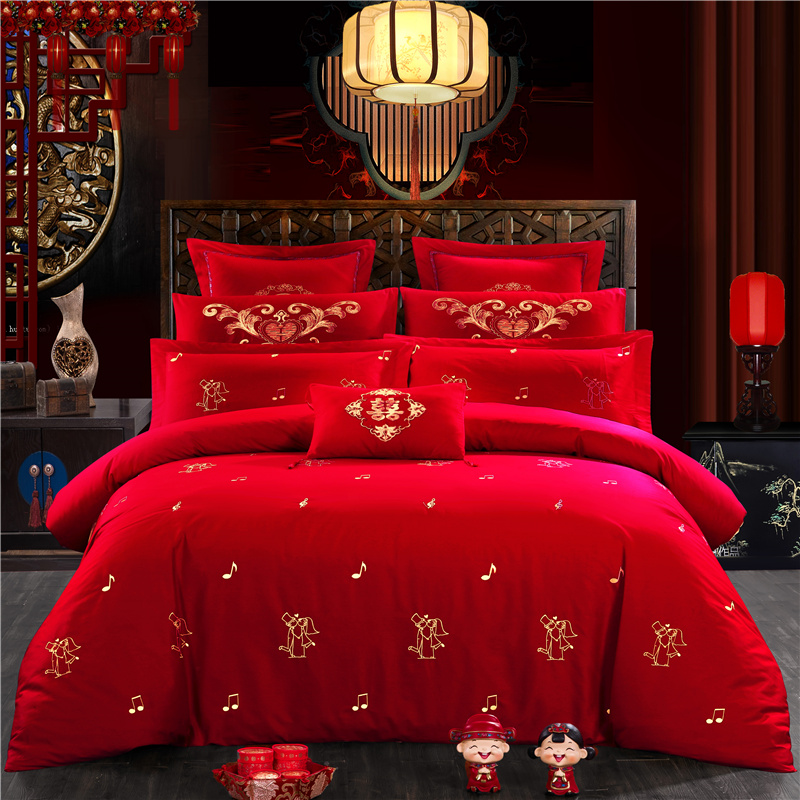 新款简约专版婚庆四件套大红色结婚全棉纯棉刺绣花多件套—为爱歌唱 1.5m（5英尺）床 六件套（床单款）