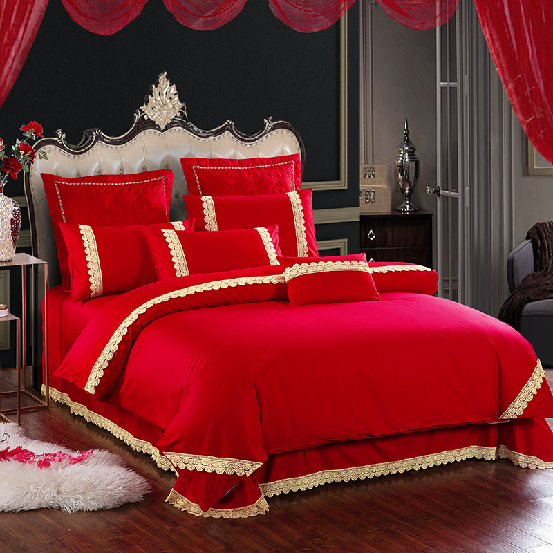 新款简约专版婚庆四件套大红色结婚全棉纯棉刺绣花多件套—喜事满屋 1.5m（5英尺）床 六件套（床单款）
