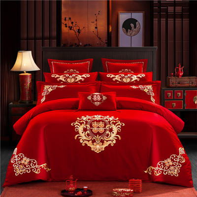 新款简约专版婚庆四件套大红色结婚全棉纯棉刺绣花多件套—幸福有约 1.5m（5英尺）床 四件套（床单款）
