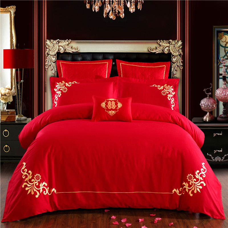 新款简约专版婚庆四件套大红色结婚全棉纯棉刺绣花多件套—永恒之恋 1.5m（5英尺）床 八件套（床盖款）