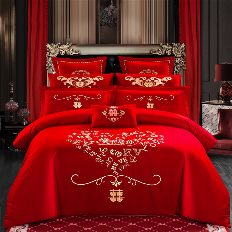 新款简约专版婚庆四件套大红色结婚全棉纯棉刺绣花多件套—缘来是你 1.8m（6英尺）床 四件套（床单款）