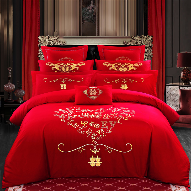 新款简约专版婚庆四件套大红色结婚全棉纯棉刺绣花多件套—缘来是你 1.5m（5英尺）床 十一件套（床盖款）