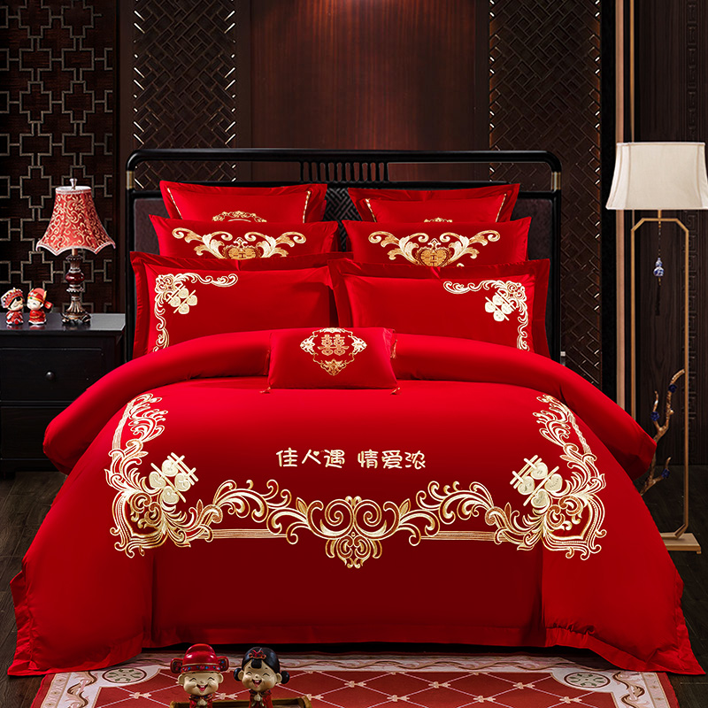 新款婚庆四件套大红色刺绣花结婚床上用品六八十件套 1.5-1.8m床单款六件套 佳人情浓
