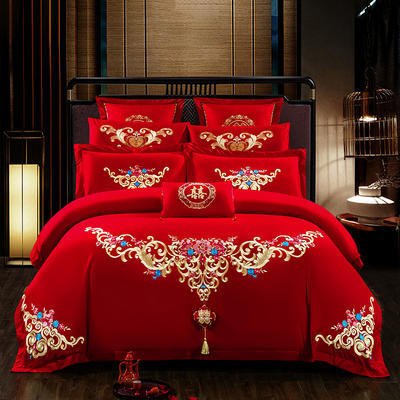 新款婚庆四件套大红色刺绣花结婚床上用品六八十件套 1.5-1.8m床单款六件套 幸福花开