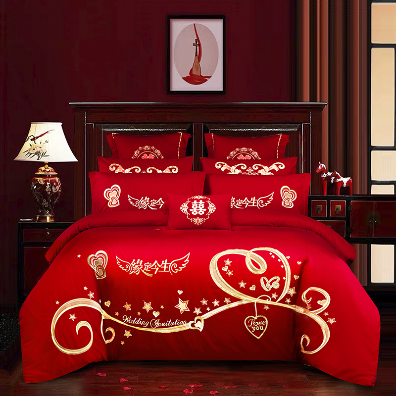 慕她 婚庆四件套大红色刺绣全棉纯棉结婚多件套—缘定今生 1.5m（5英尺）床 四件套（床单款）