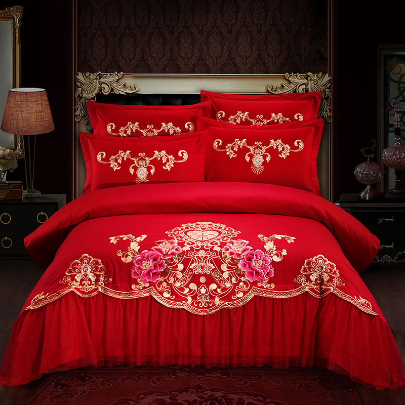 （总）新款全棉婚庆四件套大红色刺绣花结婚六八十件套纯棉多件套 1.5-1.8m床单款六件套 花蔓喜多 大红