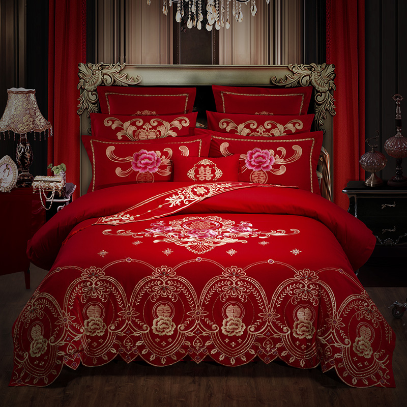 （总）新款全棉婚庆四件套大红色刺绣花结婚六八十件套纯棉多件套 1.5-1.8m床单款六件套 喜事多多
