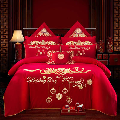 新款60支长绒棉婚庆四件套大红色刺绣全棉纯棉结婚六八十多件套 1.5-1.8m床单款六件套 浪漫喜事