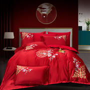 新款全棉纯棉婚庆四件套大红色刺绣结婚床上用品 1.5米床单款四件套 暗香 大红