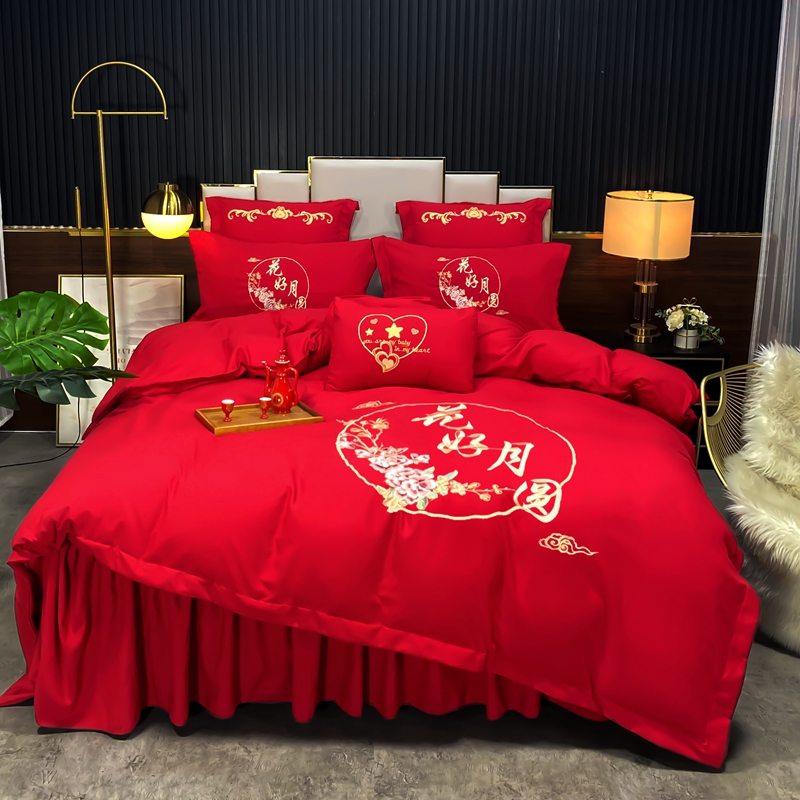 新款婚庆磨毛四件套大红色刺绣结婚六件套床上用品 1.8m床单款四件套 花好月圆