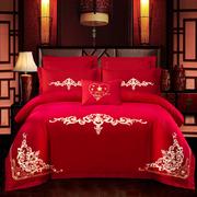 新款婚庆磨毛四件套大红色刺绣结婚六件套床上用品 1.5m床单款四件套 米兰风情