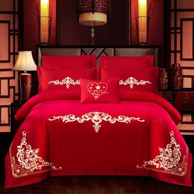 新款婚庆磨毛四件套大红色刺绣结婚六件套床上用品 1.8m床单款四件套 米兰风情