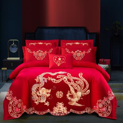 新款婚庆磨毛四件套大红色刺绣结婚六件套床上用品 1.8m床单款四件套 盛世龙凤