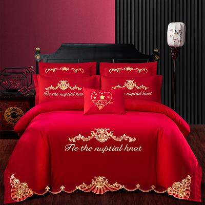 新款婚庆磨毛四件套大红色刺绣结婚六件套床上用品 1.8m床单款四件套 天缘巧合